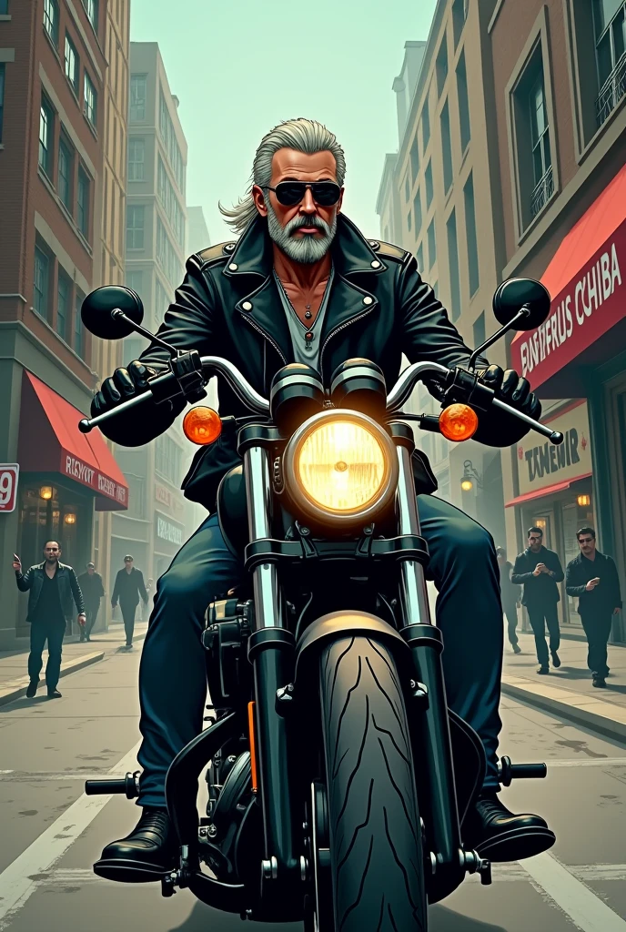 (mid-shot), ultra detailed 2d cartoon manga concept art illustration, 1man, looks like henry cavill in the witcher, wearing black leather biker jacket and oakley sunglasses, full beard, riding diary chopper motorcycle on city street, crime and danger、Tension and suspense、Reflections on the avant-garde and the low ebb、Shady、evocative composition