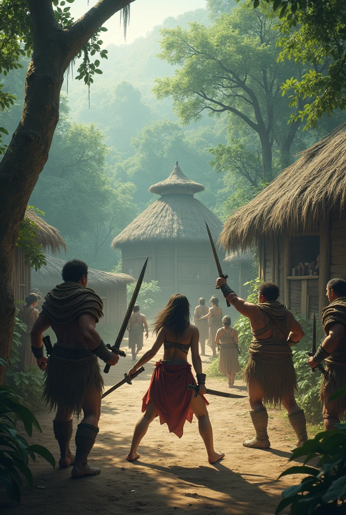  After crossing rivers and dense jungles, Yurupary arrived at the village where Karina was being held captive.. With courage, faced the warriors guarding her. A fierce battle broke out, But Yurupary managed to defeat his opponents thanks to his skill and courage..