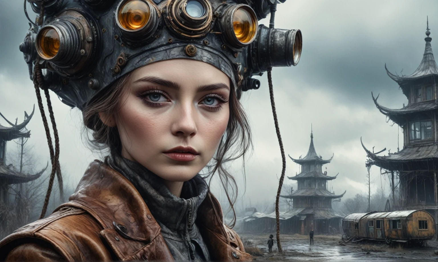 insane pilot from USSR , camouflage Rusty, after a psychiatric clinic,winter,intricate landscape,slate grey atmosphere,film grain,faded,eyes extremely detailed,another world,view from height,once pretty face,eyebrow up,full body shot,ominous landscape, Simon Stalenhag,Nicola Samori,full body shot,beggar paladium The Alien Entity,Technicolor,natural skin textures, hyper realism, hyper detailed,Extremely detailed,High contrast,Masterpiece,Realistic,Ultra Detailed, intricate details,realistic humid leather,extremly intricate,Epic Realistic, cinematic style,irina yermolova,high contrast,hdr,extremely detailed, deep night landscape,masterpiece,intricate details,faded,eyes extremely detailed, high detailed eyes,8k resolution,RAW,retina, Nikon Z9,China,tkt style, transition between two art styles, Ink painting to photorealism, Double contact, X-ray, Creative, vivid light, masterpiece, fantasy, Abstract Surrealism, super detailed, high resolution, stop:35;Her skin is pale, almost translucent,ancient rock,a hot air soars through the layers of clouds, revealing a colossal and enigmatic cityscape nestled within. The buildings in this ethereal city are adorned with intricate details and exude an aura of mystery. Above the cityscape, lend an enchanting touch to the scene. steampunk. The intricate mechanics create a sense of wonder and fascination, as if stepping into a dreamlike realism,Marta Bevacqua, ais-sinisterz, a derelict circus in the middle of a swamp, remnants of colorful tents, a silent carousel with spectral ominous horses, all under a sky heavy with storm clouds