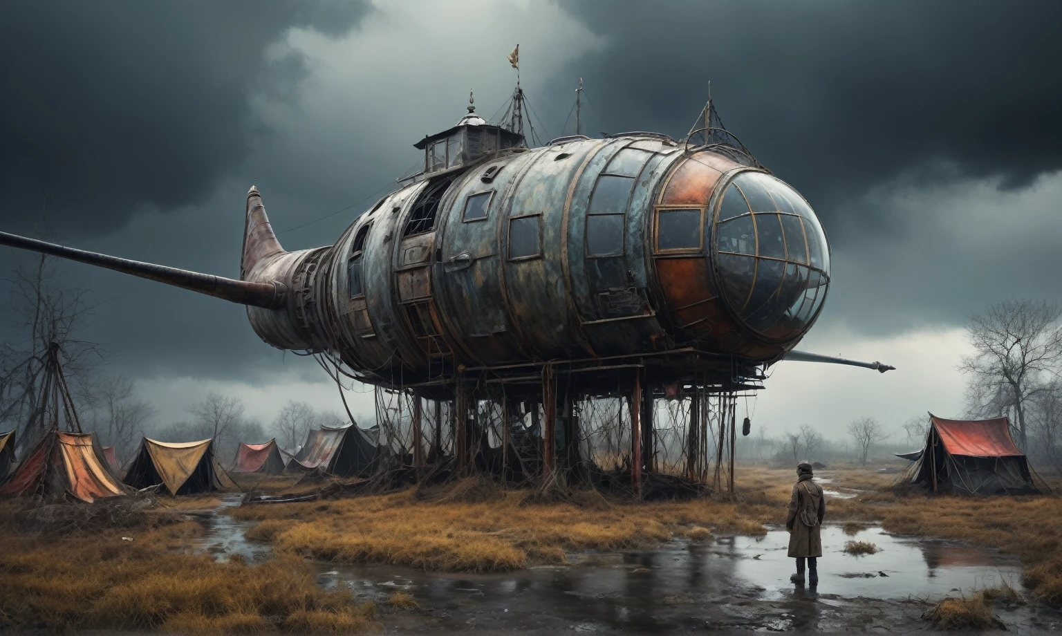 insane pilot from USSR , camouflage Rusty, after a psychiatric clinic,winter,intricate landscape,slate grey atmosphere,film grain,faded,eyes extremely detailed,another world,view from height,once pretty face,eyebrow up,full body shot,ominous landscape, Simon Stalenhag,Nicola Samori,full body shot,beggar paladium The Alien Entity,Technicolor,natural skin textures, hyper realism, hyper detailed,Extremely detailed,High contrast,Masterpiece,Realistic,Ultra Detailed, intricate details,realistic humid leather,extremly intricate,Epic Realistic, cinematic style,irina yermolova,high contrast,hdr,extremely detailed, deep night landscape,masterpiece,intricate details,faded,eyes extremely detailed, high detailed eyes,8k resolution,RAW,retina, Nikon Z9,China,tkt style, transition between two art styles, Ink painting to photorealism, Double contact, X-ray, Creative, vivid light, masterpiece, fantasy, Abstract Surrealism, super detailed, high resolution, stop:35;Her skin is pale, almost translucent,ancient rock,a hot air soars through the layers of clouds, revealing a colossal and enigmatic cityscape nestled within. The buildings in this ethereal city are adorned with intricate details and exude an aura of mystery. Above the cityscape, lend an enchanting touch to the scene. steampunk. The intricate mechanics create a sense of wonder and fascination, as if stepping into a dreamlike realism,Marta Bevacqua, ais-sinisterz, a derelict circus in the middle of a swamp, remnants of colorful tents, a silent carousel with spectral ominous horses, all under a sky heavy with storm clouds