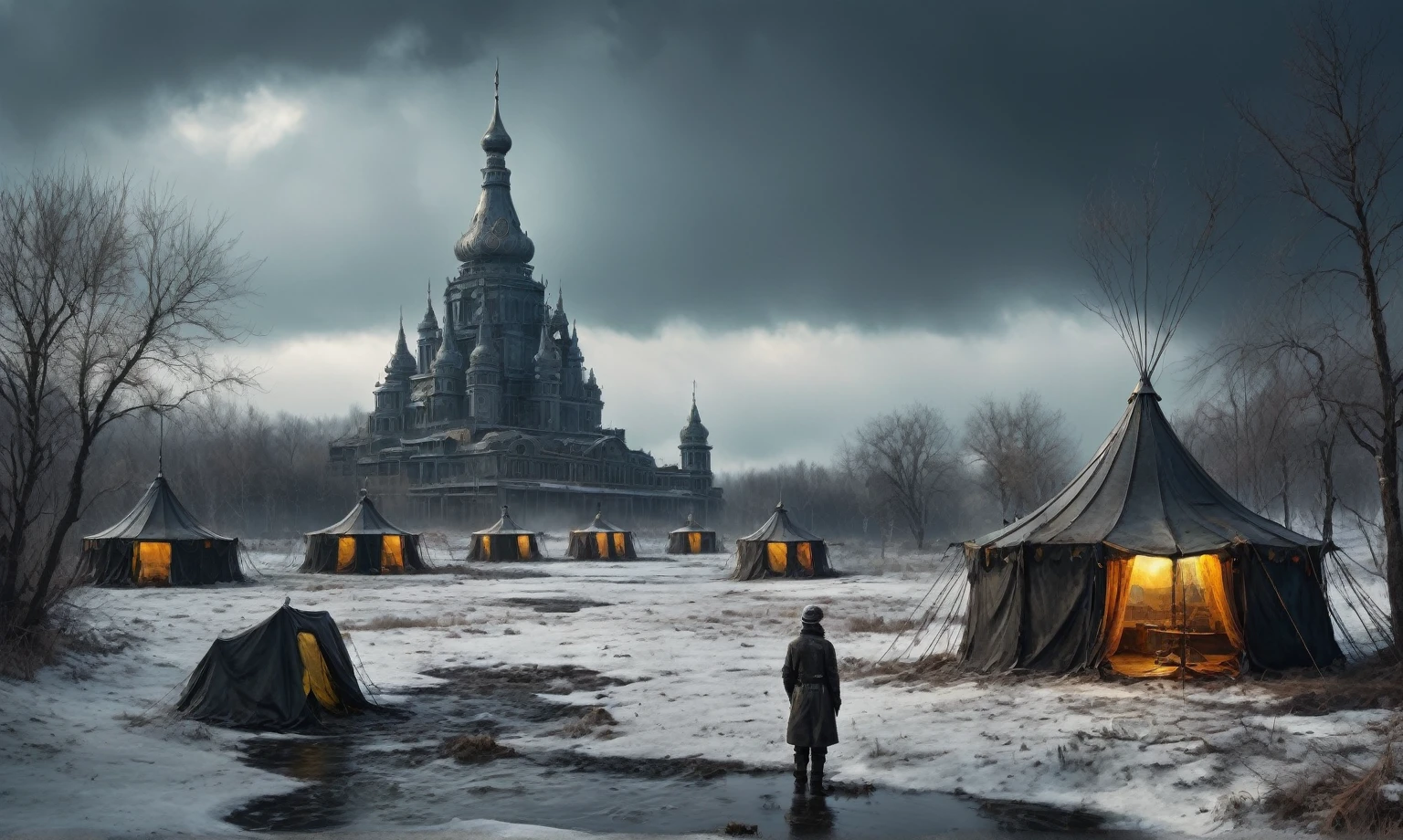 insane pilot from USSR , camouflage Rusty, after a psychiatric clinic,winter,intricate landscape,slate grey atmosphere,film grain,faded,eyes extremely detailed,another world,view from height,once pretty face,eyebrow up,full body shot,ominous landscape, Simon Stalenhag,Nicola Samori,full body shot,beggar paladium The Alien Entity,Technicolor,natural skin textures, hyper realism, hyper detailed,Extremely detailed,High contrast,Masterpiece,Realistic,Ultra Detailed, intricate details,realistic humid leather,extremly intricate,Epic Realistic, cinematic style,irina yermolova,high contrast,hdr,extremely detailed, deep night landscape,masterpiece,intricate details,faded,eyes extremely detailed, high detailed eyes,8k resolution,RAW,retina, Nikon Z9,China,tkt style, transition between two art styles, Ink painting to photorealism, Double contact, X-ray, Creative, vivid light, masterpiece, fantasy, Abstract Surrealism, super detailed, high resolution, stop:35;Her skin is pale, almost translucent,ancient rock,a hot air soars through the layers of clouds, revealing a colossal and enigmatic cityscape nestled within. The buildings in this ethereal city are adorned with intricate details and exude an aura of mystery. Above the cityscape, lend an enchanting touch to the scene. steampunk. The intricate mechanics create a sense of wonder and fascination, as if stepping into a dreamlike realism,Marta Bevacqua, ais-sinisterz, a derelict circus in the middle of a swamp, remnants of colorful tents, a silent carousel with spectral ominous horses, all under a sky heavy with storm clouds