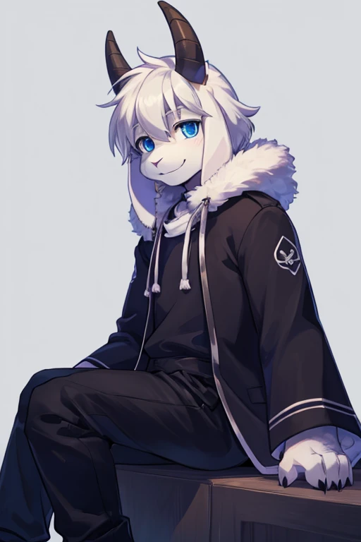 a boy, alone, Asriel, Undertale, smiling, blue Eskimo coat, tall, furry, blue eyes, black blouse with sleeves, dark pants, goat paw, paw with metacarpal, rabbit tail, hair, bangs on the right side.