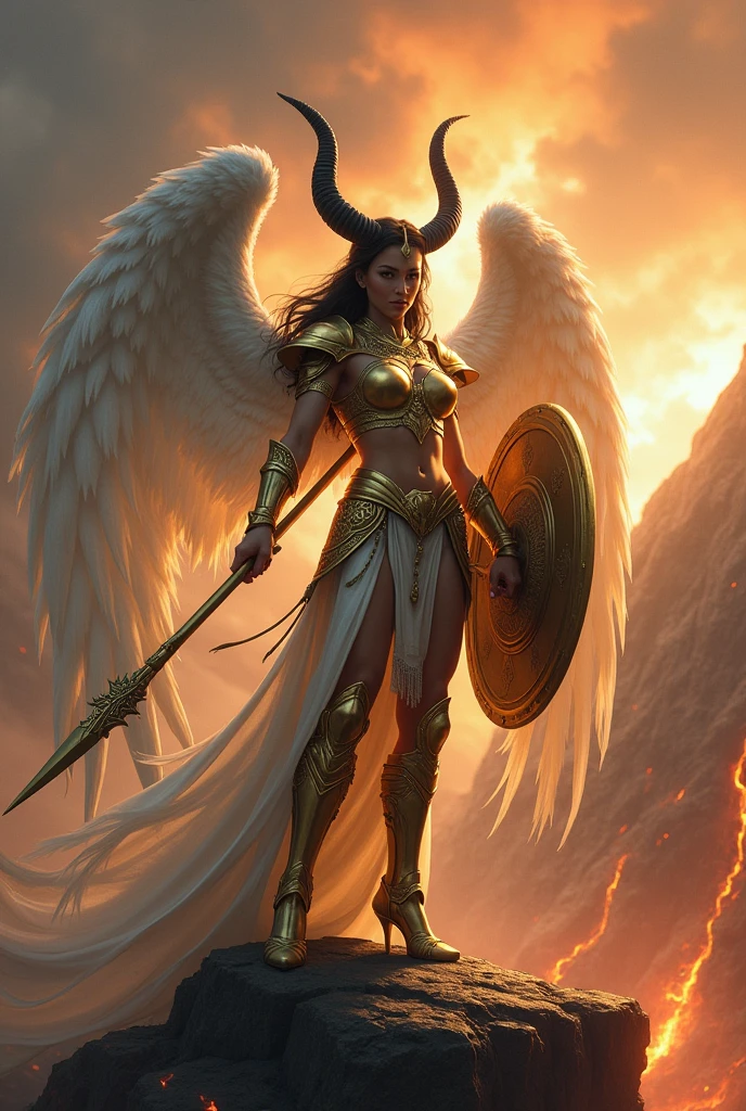 Woman with black horns, white angel wings, in one hand a spear and in the other a shield, golden armor on top of an erupting volcano