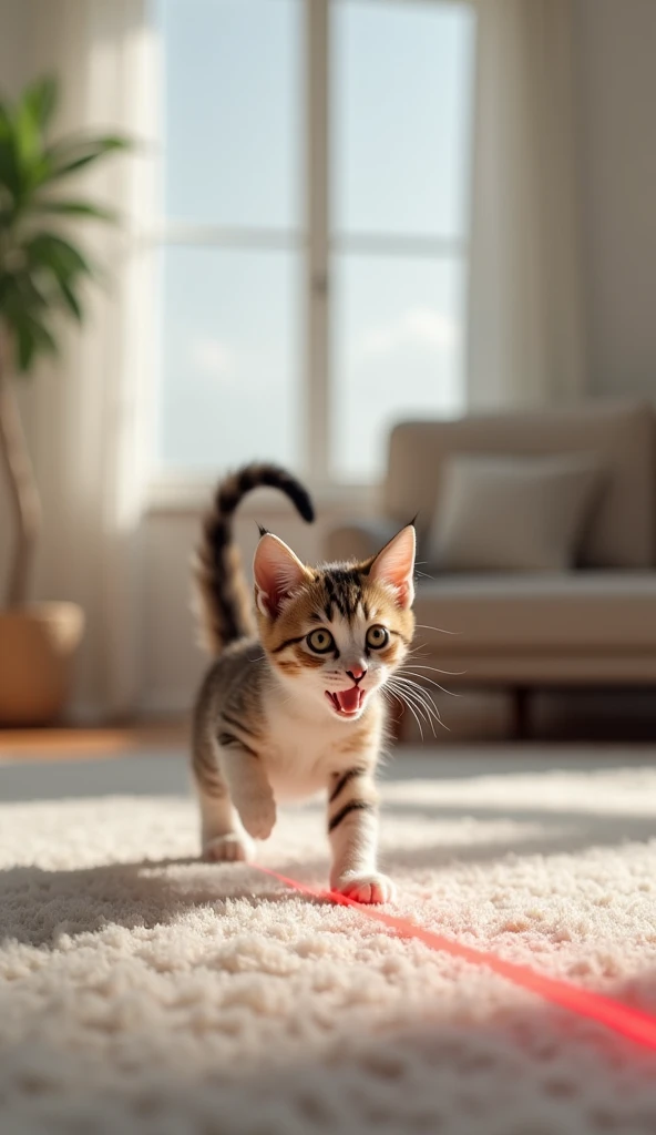 "A playful kitten chasing a red laser dot across a carpeted floor in a minimalist living room. The kitten's tail is up, and its focus is intense."