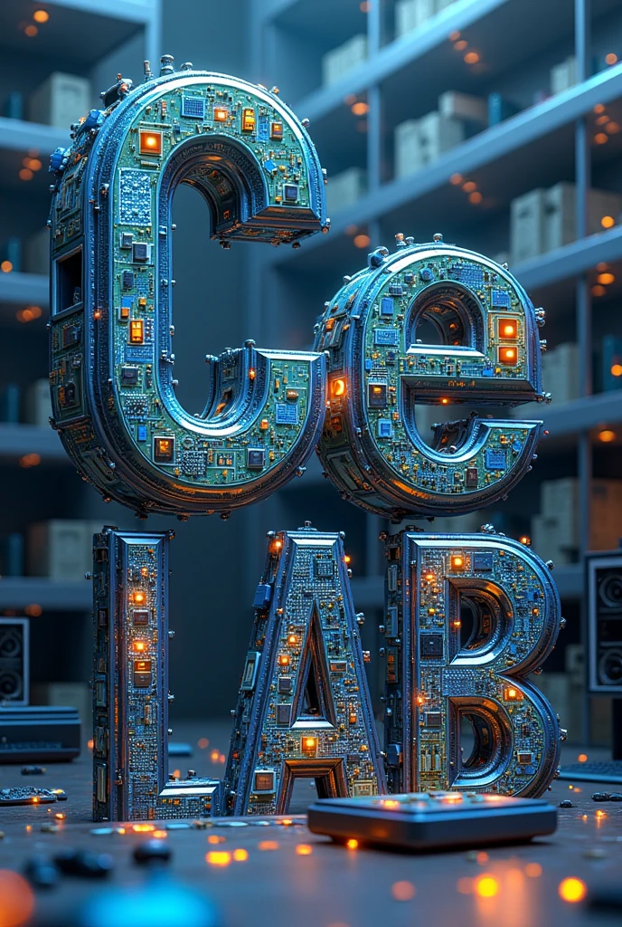 Illustrate the words "Computer Lab" and have each letter completely filled with an object from the field of computer science.