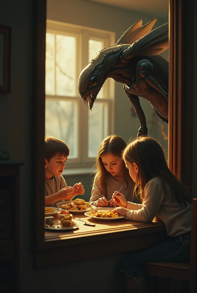 Humanoid insect alien watching a family having dinner through the window