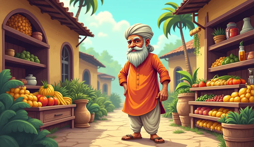 Create an cartoon image of a village and one farmer man wearing kurta and pyjama and he is 2 and working in kirana store