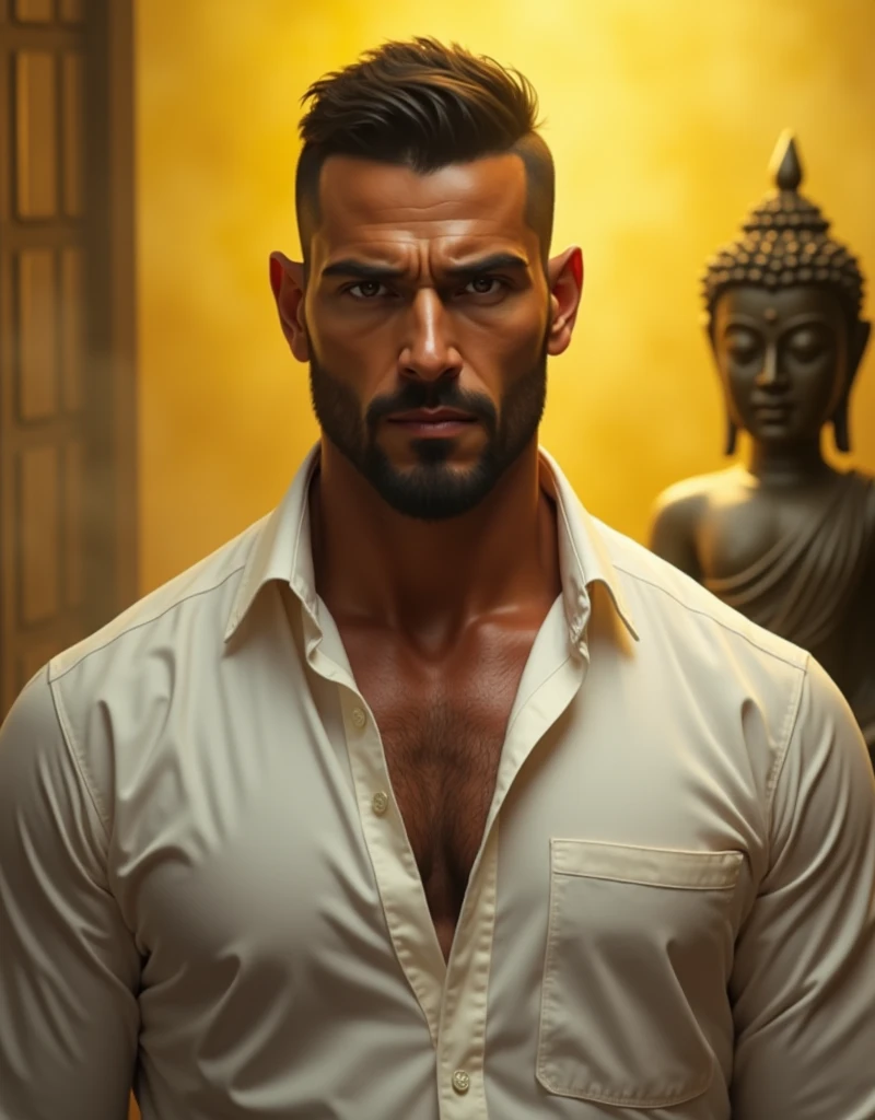 digital painting. action shot. epic fantasy, magic. a handsome muscular compassionate (medium-dark-tan-skinned:1.3) 35-year-old mexican (healer:1.6) in an infirmary. short hair. (short beard:1.5). (olive eyes:1.4). jewelry. smooth lines, perfect composition