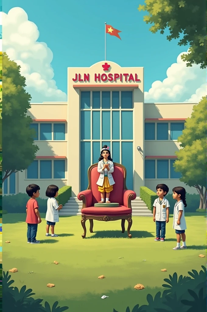 A hospital named JLN Hospital with a chair on the front lawn. A chair hand is holding a statue of Shree Krishna. Four boys and two girls are dressed as doctors.