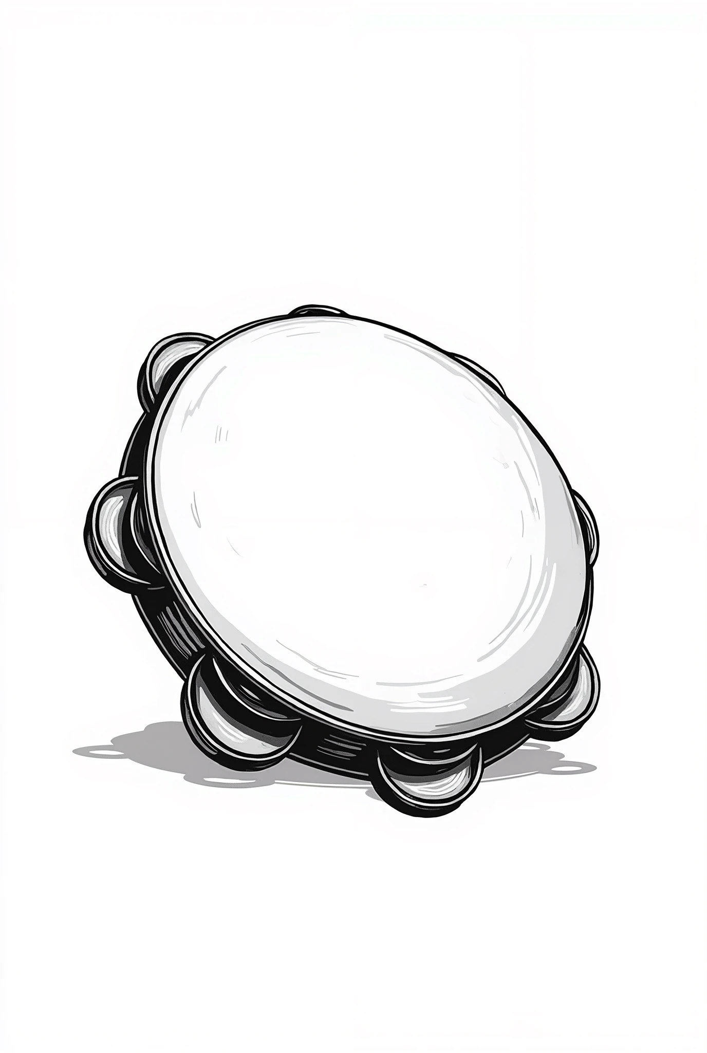 Drawing of a tambourine, white background, minimalist black and white