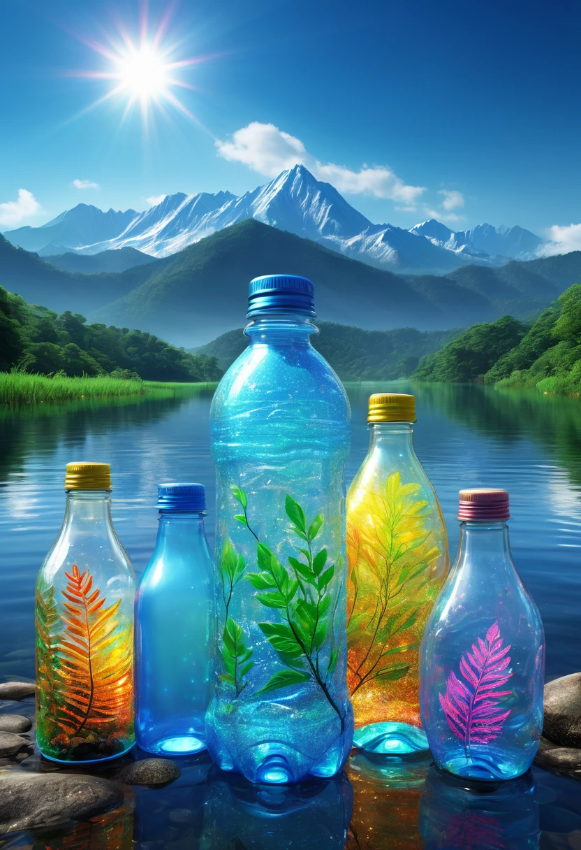 plastic bottle art, combining various plastic bottles to express the importance of nature, forests, streams, riverbanks, mountains, clean water, blue skies, sun, neon lines, (ultra detailed, absolutely resolution, best quality:1.3), 2.5D, delicate and dynamic effects, iridescent glitter effects, artistic photography, hyper realistic, graphic CG digital art, conceptual installation art