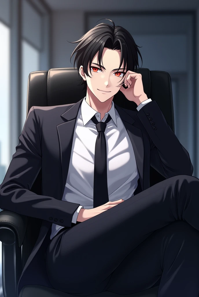 create an anime style image, There is a white-skinned man, black hair and sapphire red eyes, He is wearing a white shirt, a black pants, a black tie and a black jacket placed over his shoulders , He is sitting on a black chair with wheels, he has his legs crossed, Her head is slightly tilted and is resting on one of her hands., The man wears a small smile of happiness on his face. The background is of an office that is dark. anime style