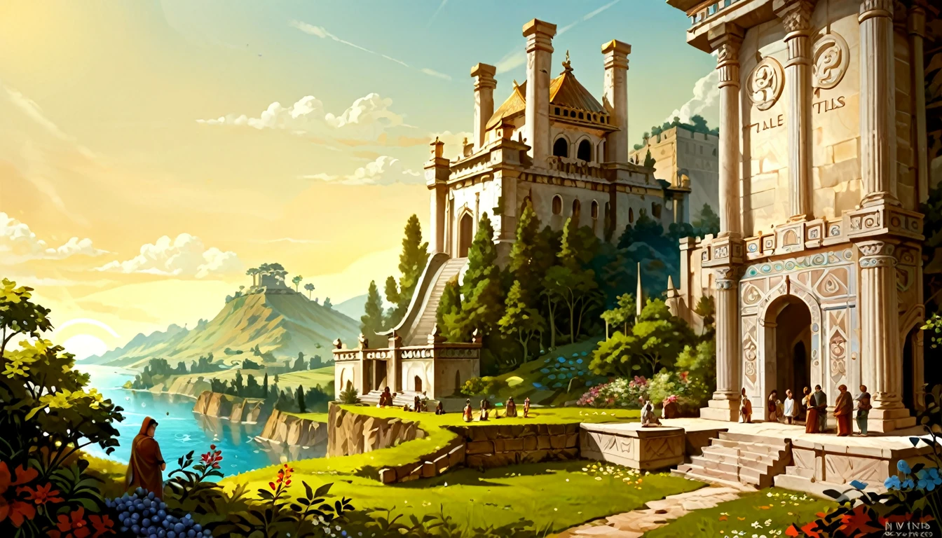built in a cliff a huge tall temple with filigree columns and pillars,  stunning pediment, people are gathering in front of this temple to bring offerings, flowers and green plants, they are standing by an open well with teal blue water, it is sunny, people are in hooded capes, ancient times but advanced, muted colors, a group of people with wooden bowls of fresh fruits, grapes