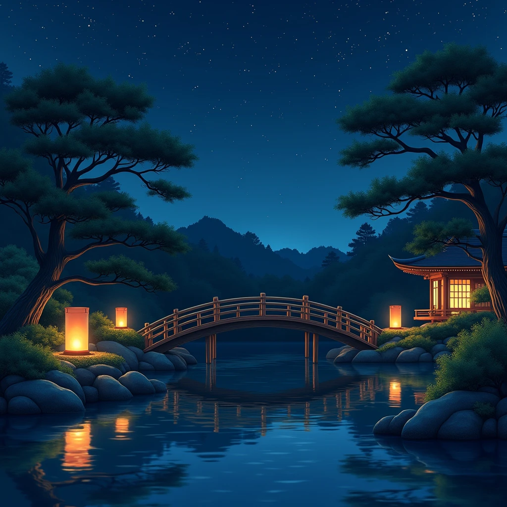 A night landscape inspired by Japanese art., with a garden illuminated by paper lanterns and a wooden bridge over a calm lake. The starry sky is reflected in the water., creating a magical atmosphere. On the shore of the lake, there is a small zen temple lit by candles, where people come to meditate. The leaves of the trees sway gently in the wind., creating a calm and peaceful atmosphere.