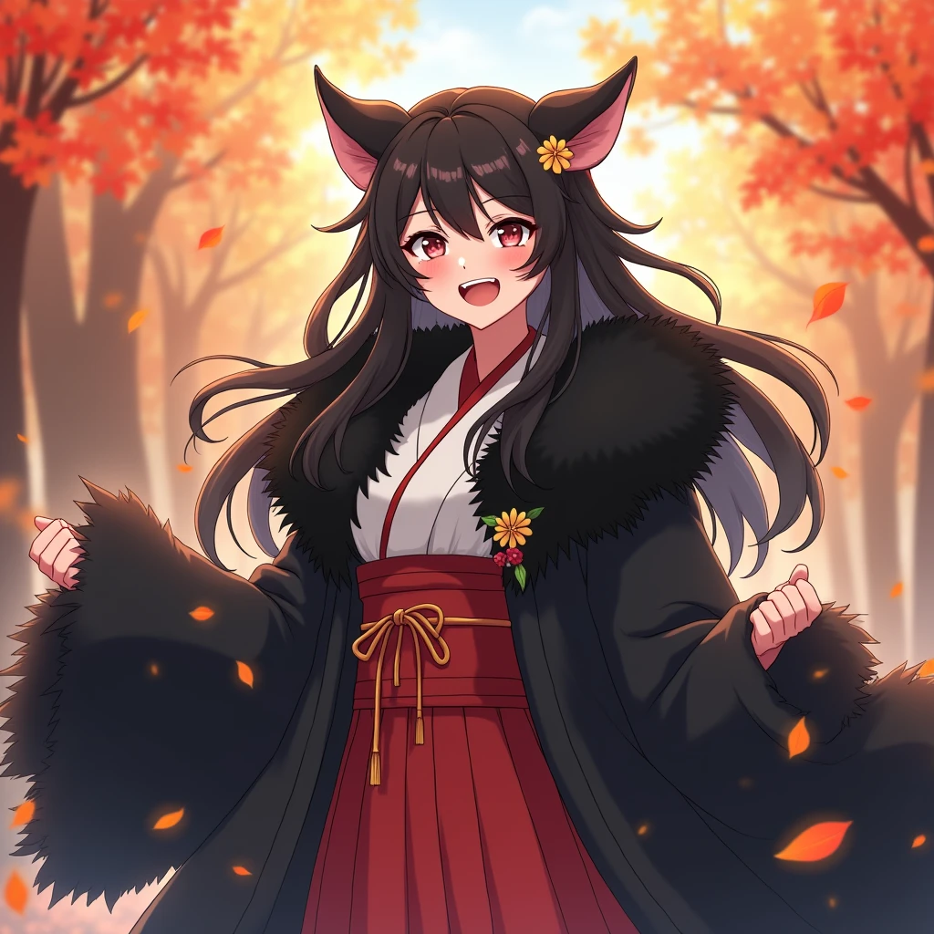 Best Quality, (masterpiece:1.35), Wallpaper, (illustration), original, (depth of field), (1 girl:1.35), (Alone), Whole body, dynamic, detailed face,mature woman, adult, (old:1.3), medium breasts, funny, happy,miko clothes, flower ornament,absurdly long fur, black fur,dog ear volumetric lighting, autumn leaves, Tyndall effect,
