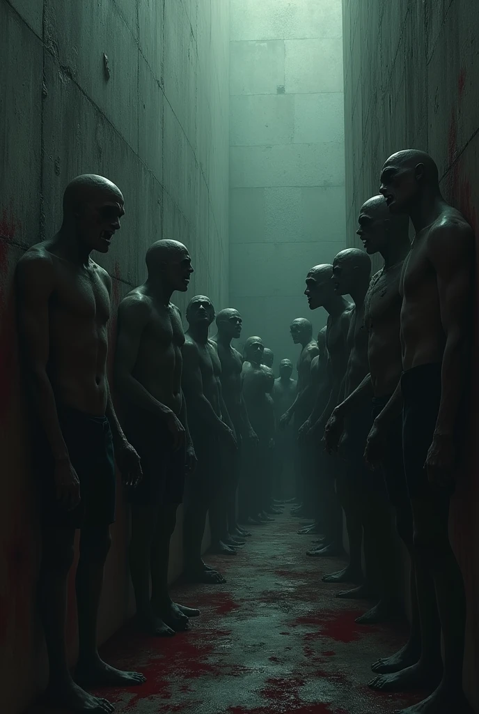 A enclosed, suffocating space, where the air is thick and thick with despair. Against a far wall, a multitude of shadows huddle, their torn and bloodied bodies clinging to any surface in a desperate attempt to escape. Their faces, contorted by agony, reflect indescribable suffering.