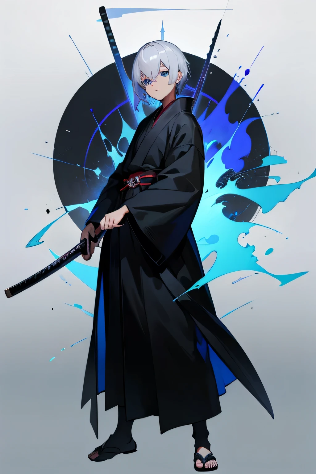 1man, silver hair, blue eyes, short hair, black robe, samurai sword, full body