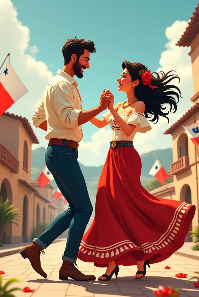 Generate me the image of an animated couple dancing cueca, the typical Chilean dance, in png