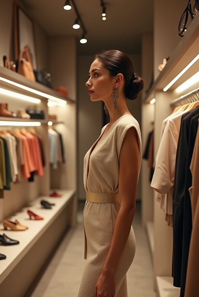 Elegant woman inside a boutique with clothes and accessories