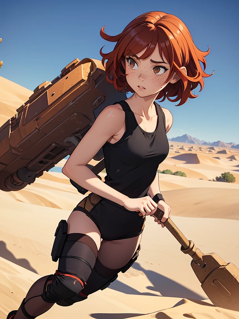 (masterpiece), (best quality), ((one girl)) copper hair,(brown eyes),short hair, curly hair, anime style, freckles, (small breast), (petite figure), blue tank top, black leggings, knee pads, legs, (desert background))