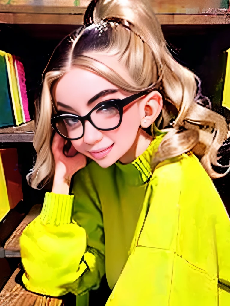 arafed woman with glasses and a yellow sweater sitting in a chair, wavy hair yellow theme, with glasses, girl with glasses, belle delphine, with square glasses, wearing wheat yellow gauze, ulzzang, high quality portrait, girl wearing round glasses, with glasses on, young and cute girl, with yellow cloths, wearing thin large round glasses