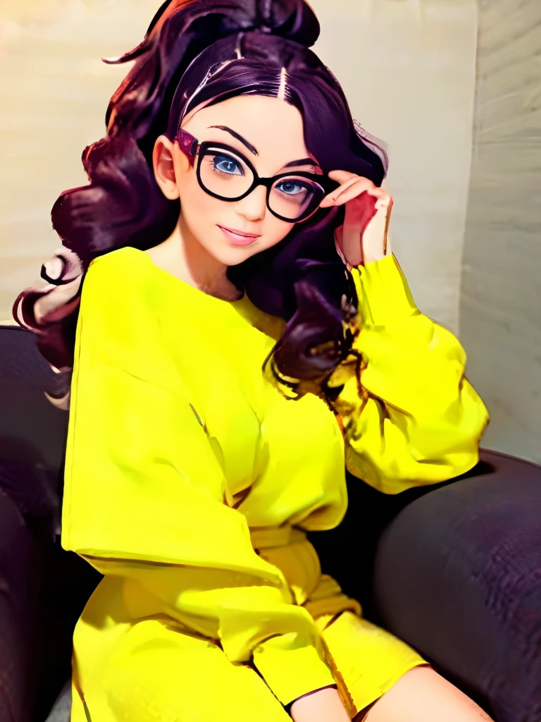 arafed woman with glasses and a yellow sweater sitting in a chair, wavy hair yellow theme, with glasses, girl with glasses, belle delphine, with square glasses, wearing wheat yellow gauze, ulzzang, high quality portrait, girl wearing round glasses, with glasses on, young and cute girl, with yellow cloths, wearing thin large round glasses