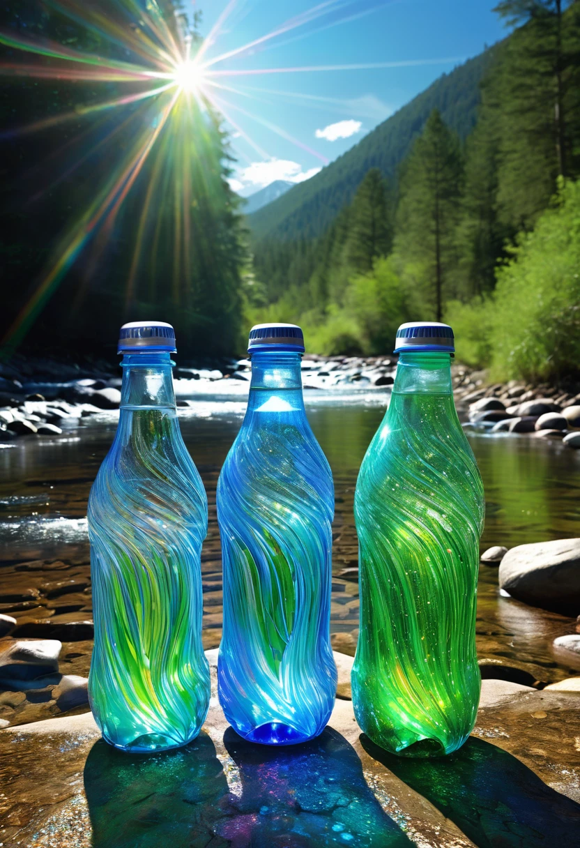 plastic bottle art, combining various plastic bottles to express the importance of nature, forests, streams, riverbanks, mountains, clean water, blue skies, sun, neon lines, (ultra detailed, absolutely resolution, best quality:1.3), 2.5D, delicate and dynamic effects, iridescent glitter effects, artistic photography, hyper realistic, graphic CG digital art, conceptual installation art