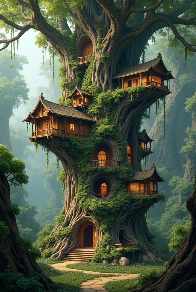 A forest-City of cozy buildings carved in huge living trees.
