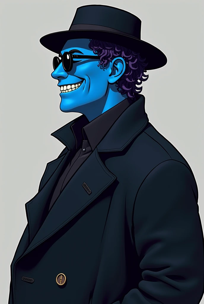A man with blue skin, wearing round black sunglasses, wearing a black coat, wearing a black short hat, smiling all the time, likes to put his hands behind his back, 40 years old, short curly hair reaching the neck, black-purple. And a little plump