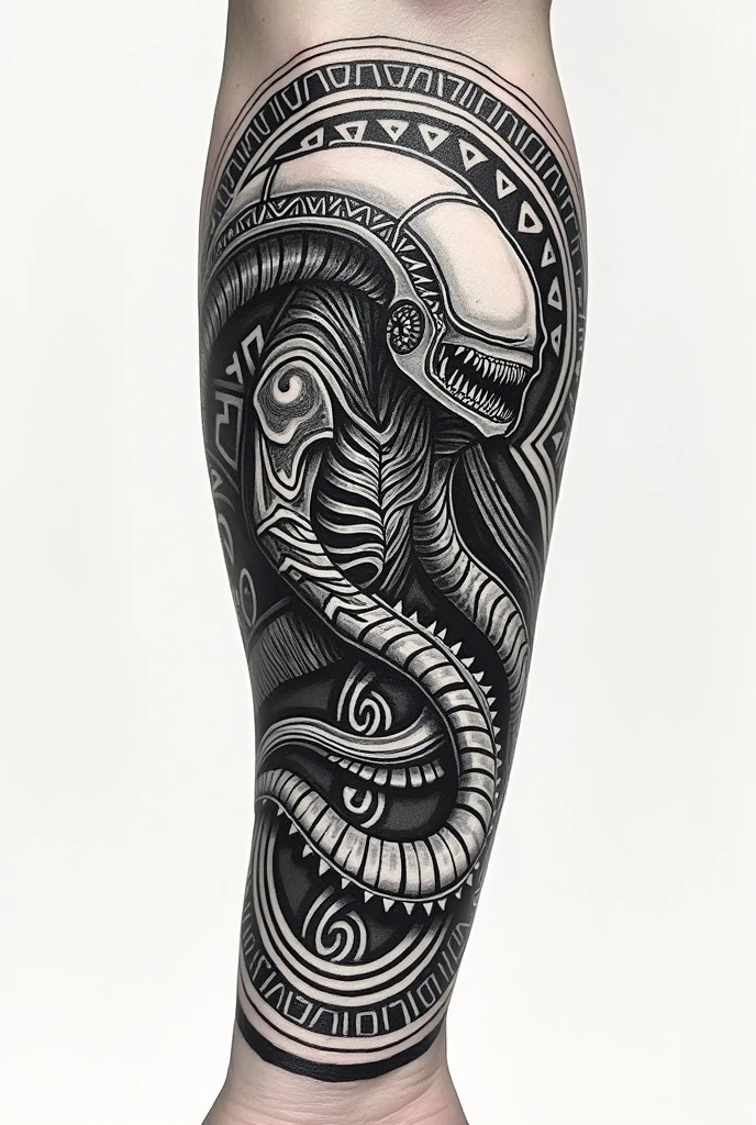 Tatouage xenomorphe en style maori sur l'avant bras en forme de cercle de dimension