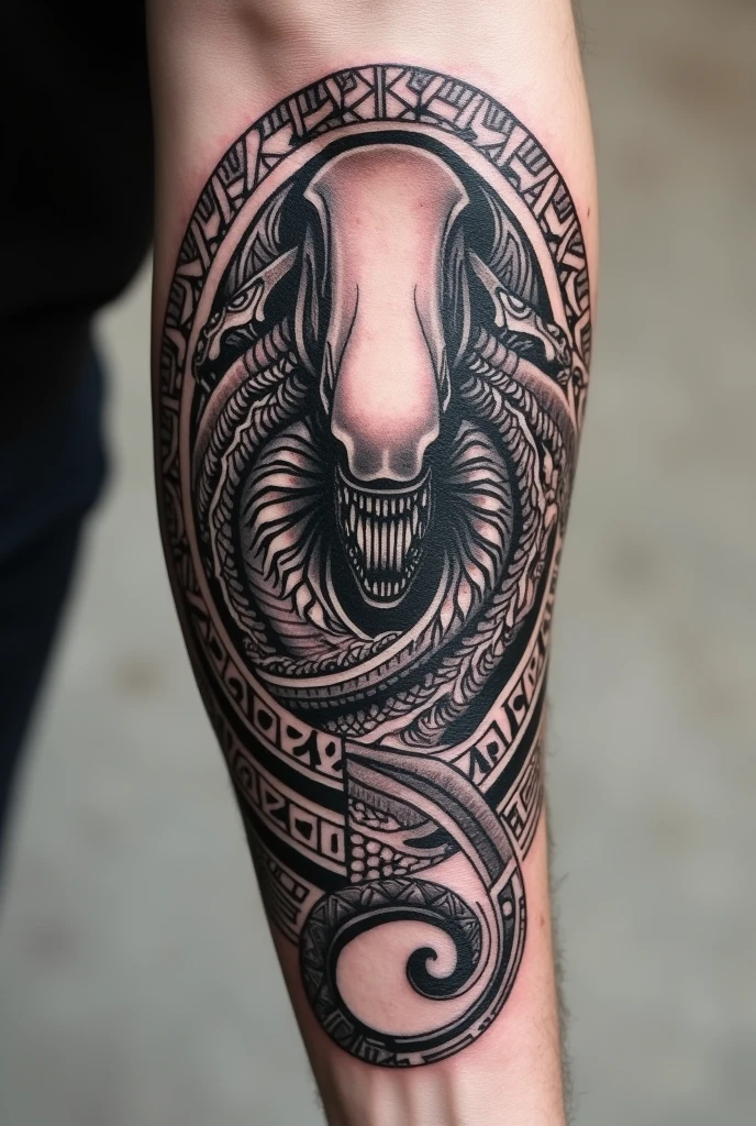 Tatouage xenomorphe en style maori sur l'avant bras en forme de cercle de dimension