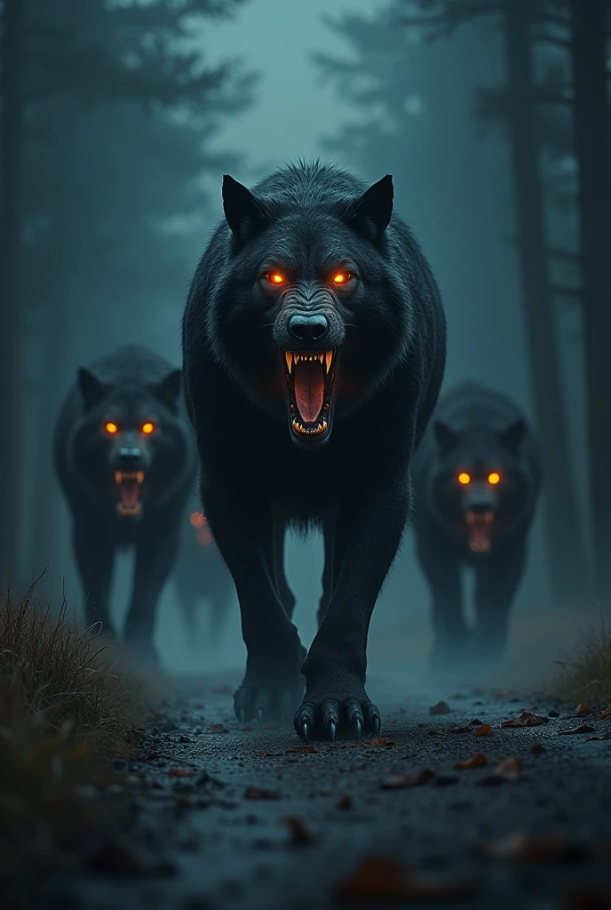 Dark night a scery very hungry and big wild animals on road with its fire eyes mascular