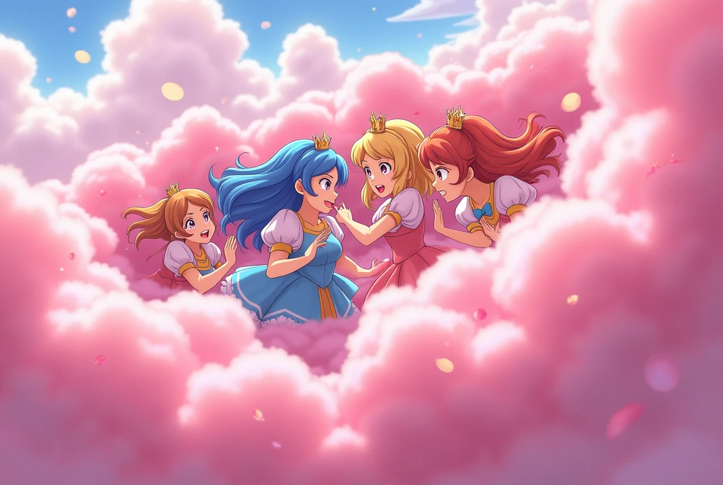 a group of princesses in a comical pink battle cloud, playfully wrestling and fighting, anime style illustration, different colored hair for each princess, faces, hands, and feet visible emerging from the cloud, rest of bodies obscured by the fluffy, exaggerated battle cloud, humorous and energetic nature of their scuffle, (best quality,4k,8k,highres,masterpiece:1.2),ultra-detailed,(realistic,photorealistic,photo-realistic:1.37),digital painting,vibrant colors,soft lighting