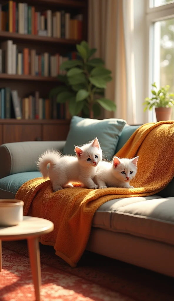 "A pair of kittens tumbling over each other on a soft couch, with a colorful throw blanket draped over it. The room is decorated with bookshelves and a coffee table."
