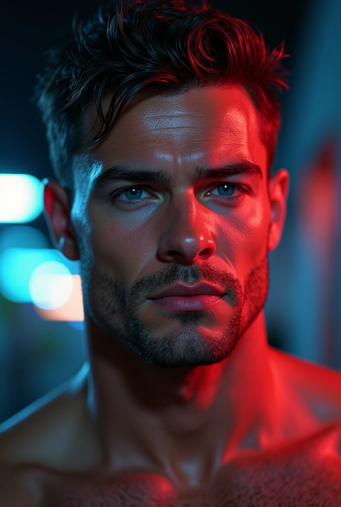 a handsome man, serene expression, thick eyebrows, bright blue eyes, short hair, wet face, chiseled jawline, masculine facial features, realistic, detailed, photorealistic, cinematic lighting, dramatic shadows, vibrant colors, (best quality,4k,8k,highres,masterpiece:1.2),ultra-detailed,(realistic,photorealistic,photo-realistic:1.37)