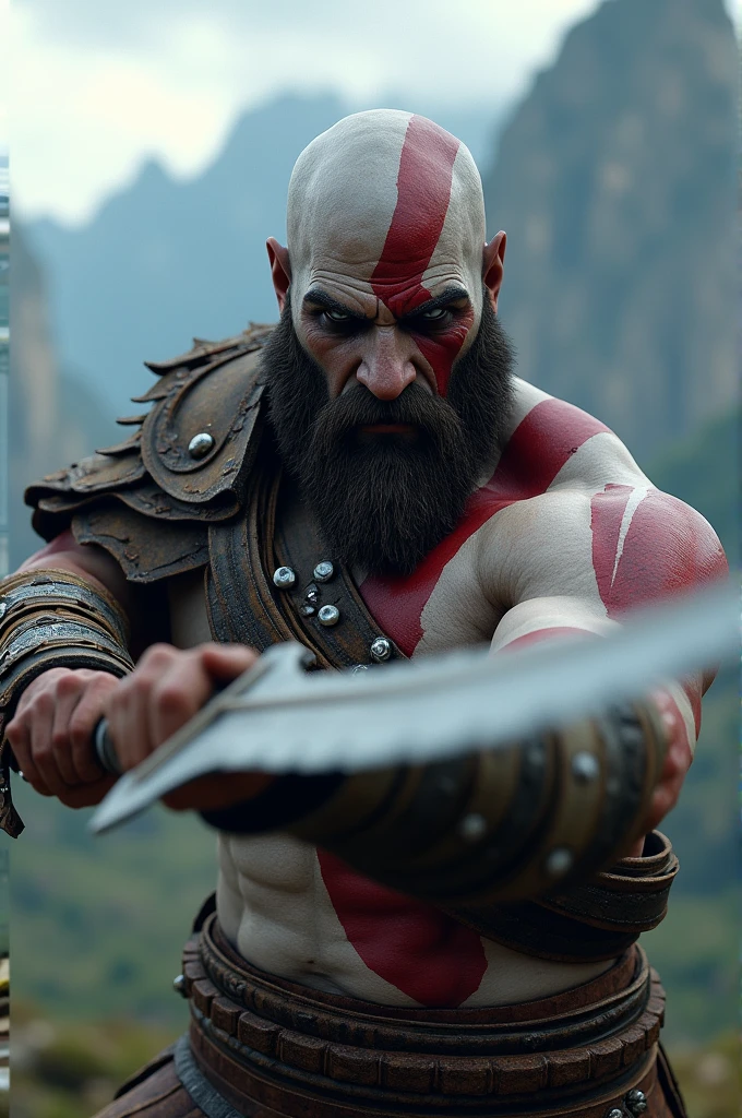 "kratos, main character of God of War, with their original swords, Blades of Chaos, generated with Unreal Engine 5.1, Rendered by Nvidia RTX GeForce 4090 and Processed by Intel Core i9-13900K. The armor is dark and worn, with leather and metal details. The swords have a serrated edge and are larger than normal.. La cara de kratos es igual a la oficial, with a serious and determined expression. The eyes are blue and penetrating. The hair is dark and disheveled. The lighting is dramatic, with deep shadows and intense lights. The background is blurry, with a landscape of mountains and cloudy sky. The image is hyperrealistic, with extremely precise details and realistic textures. The look is cinematic, with a focus on action and character intensity."