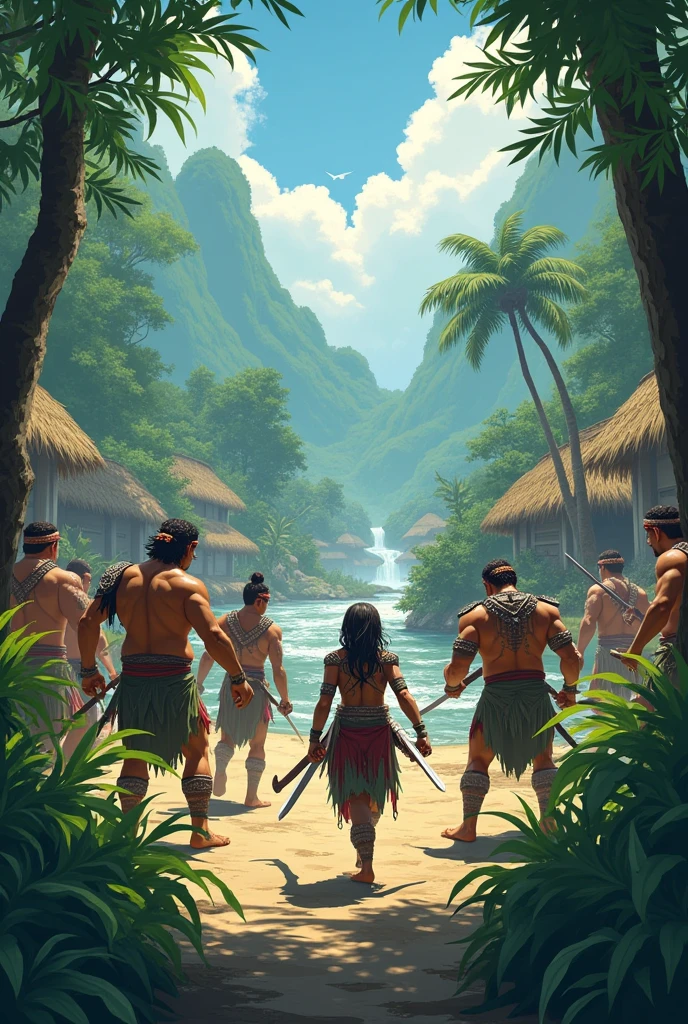 After crossing rivers and dense jungles, The young Yurupary arrived at the village where Karina was being held captive.. With courage, faced the warriors guarding her. A fierce battle broke out, But Yurupary managed to defeat his opponents thanks to his skill and courage..