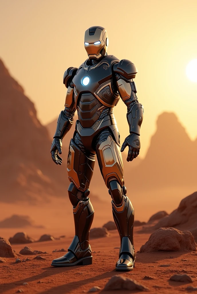 Iron man suit mixup with black panther in sunlight on Mars