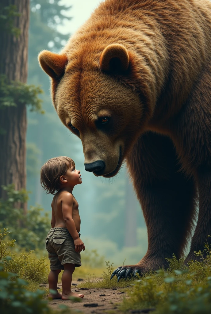 Highest quality,Realistic, masterpiece, (Encounter with a brown bear)、trembling 、Big Brown Bear、Gazing at each other