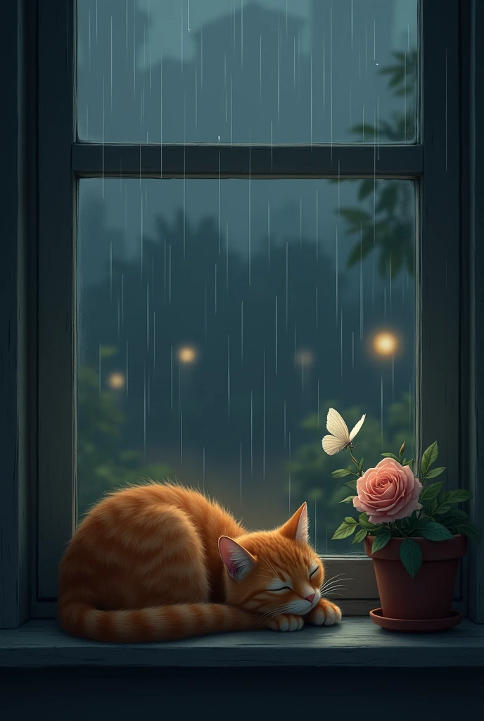 An orange cat sleeping on a window next to a flowerpot with a rose on which a white butterfly rests and outside you can see rain at night. Old photo type with dark colors