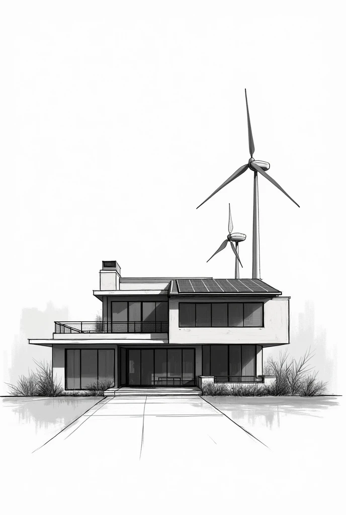 Sketch a residential house design with rain water catchment, solar panel and small windmill... Make it black and white and no plants on the back ground