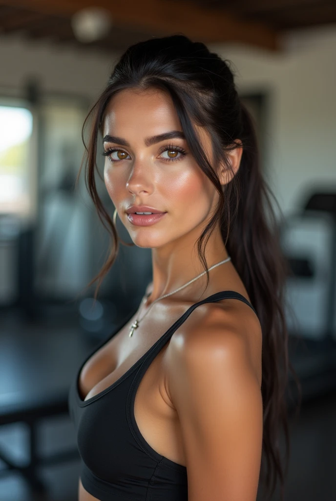 A girl, Very nice 65 kilograms, 35 years, caucaucasica, Long hair, black hair, Brown eyes, Sharp Eyebrows, big lips, delgado, realist, neckline, Instagram, influence, beautiful, Posing, Use clothes, High resolution, ultra detailed, vivid colors, Professional lighting, in the gym, tight sportswear, with her hair tied back and a cross hanging from her neck.