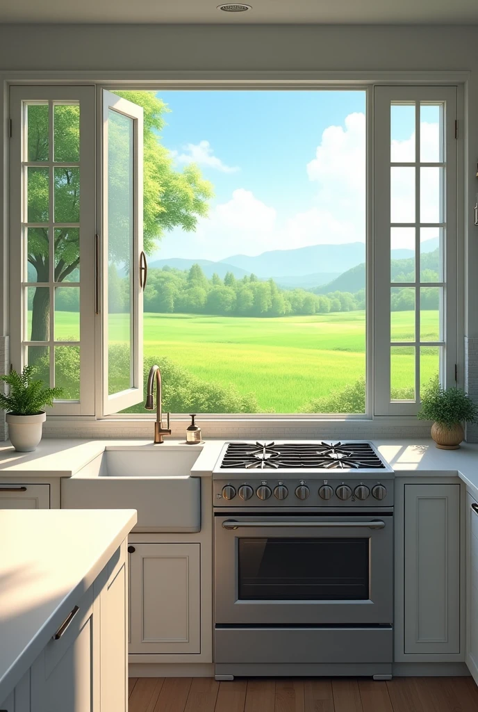 The kitchen boasts a bright and airy atmosphere, accentuated by a large open glass window in front of the gas stove. This window frames a picturesque view of a lush green field, bathing the room in natural light. The near counter features a pristine white sink with elegant tiles, complemented by a sleek, modern oven. The overall space feels inviting and harmonious, with a seamless blend of functionality and beauty.