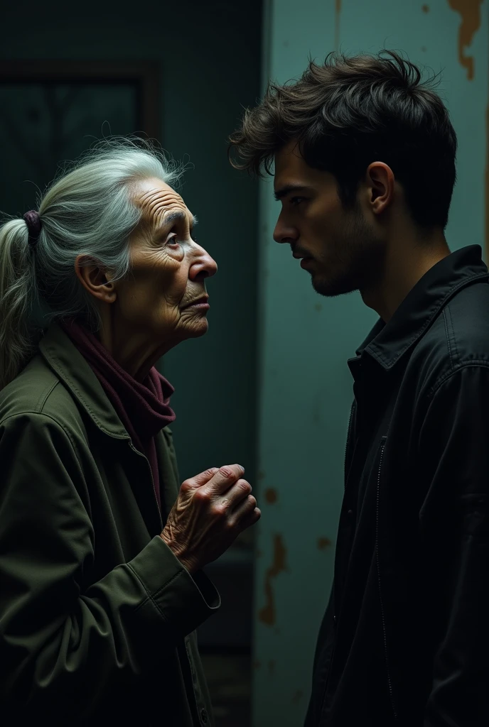 Dark image of a worried old woman talking to a young man