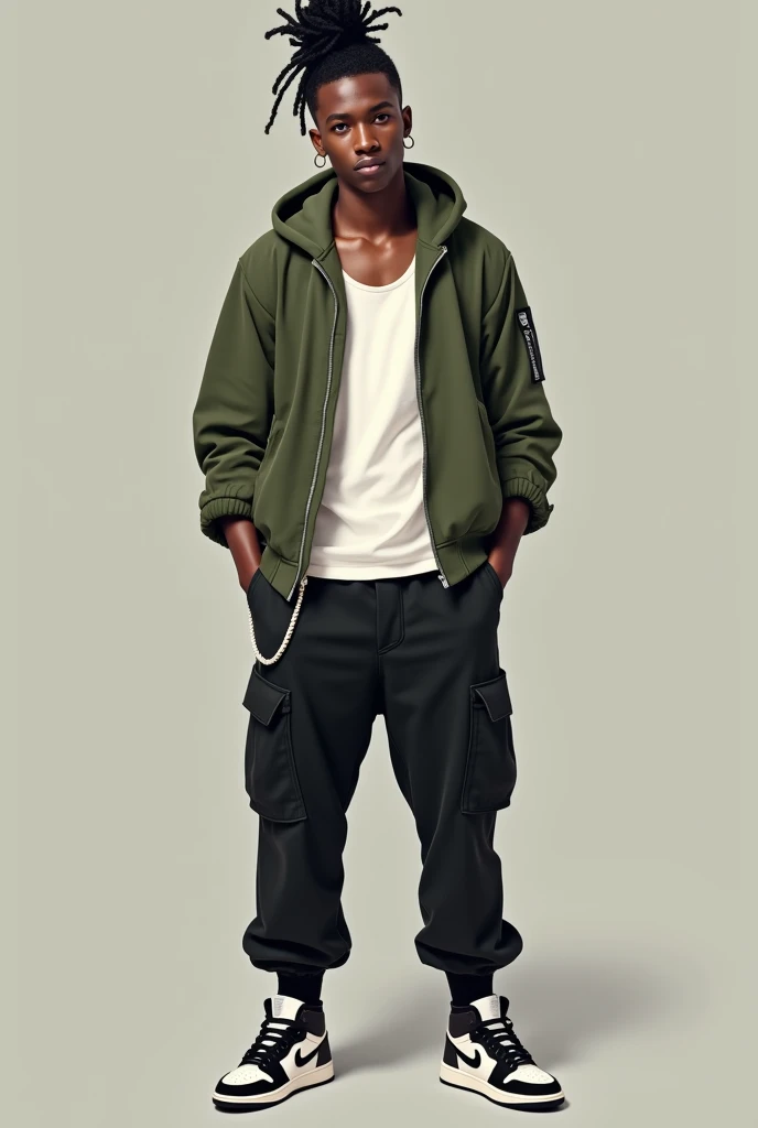 A 2 black Brazilian man, curly curly hair tied up, with the side of the head shaved, two small hoop earrings in each ear. Wearing a plain American tank top underneath a green hoodless bomber jacket, black cargo jeans and wearing air jordan 1 chicago sneakers.