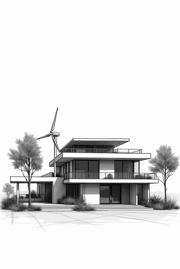 Sketch a residential house design with rain water catchment, solar panel and small windmill... Make it black and white and no plants on the back ground 