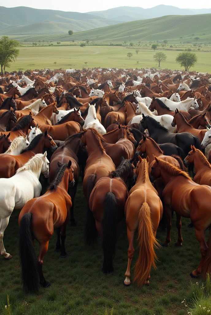 A big group of lot of horses stayed in a one place