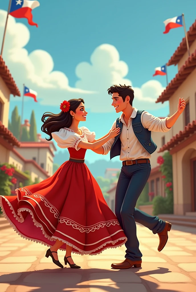 Generate me the image of an animated couple dancing cueca, the typical Chilean dance, in png