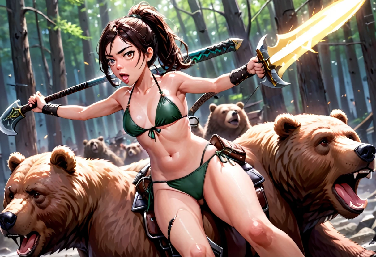 Aubrey Plaza (Fantasy warrior, sexy fur bikini, hair up in ponytail, battle axe), riding on a saddle on the back of a big ferocious brown bear. Aubrey and her bear are fighting goblins on a battlefield
