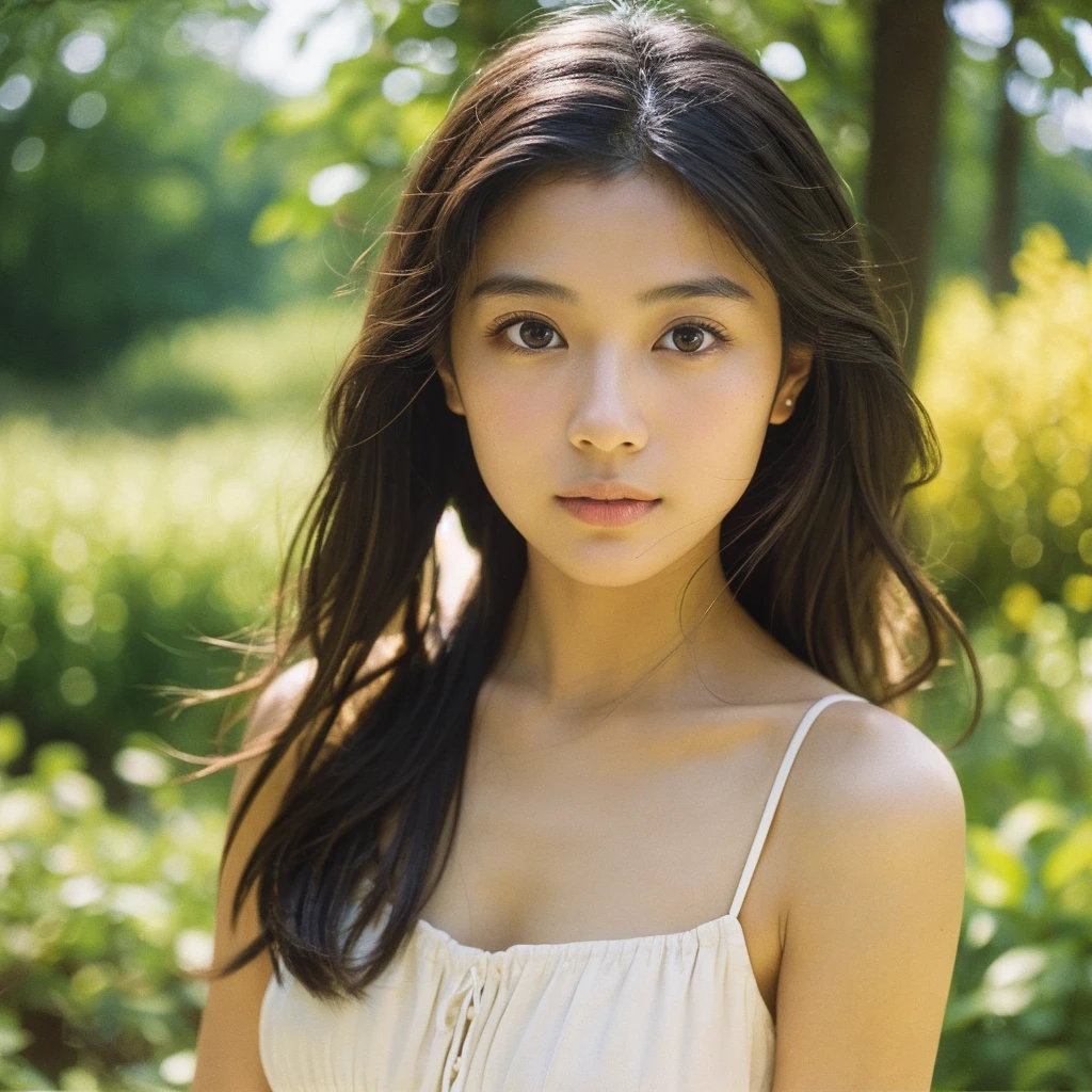 A hyper-realistic close-up image of a single Japanese woman in her early 20s, captured with the nostalgic warmth and subtle graininess of a film camera, focusing on her face and shoulders. Her skin has a warm beige tone with a natural, slightly rough texture that includes visible pores, fine lines, and subtle imperfections such as small blemishes, adding to the authenticity of her appearance. The soft, diffused natural light typical of a sunny summer day casts gentle, warm shadows on her face, enhancing the film-like quality while maintaining the realistic texture of her skin. Her straight, glossy black hair is slightly tousled by a gentle summer breeze, framing her face naturally. She is wearing a light, summery outfit, perhaps with straps visible at the shoulders, that complements her natural beauty and suits the warm weather. The film camera effect introduces a slight grain and a softer focus, giving the image a warm, nostalgic atmosphere while preserving the realism of her skin and features. The overall composition captures the serene and effortless elegance of a summer day, with the focus on the realistic texture of her skin and the timeless quality of the film camera aesthetic.